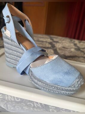 INC Lace Up Ankle Wedge Espadrille Size 6.5 Blue Suede Finish